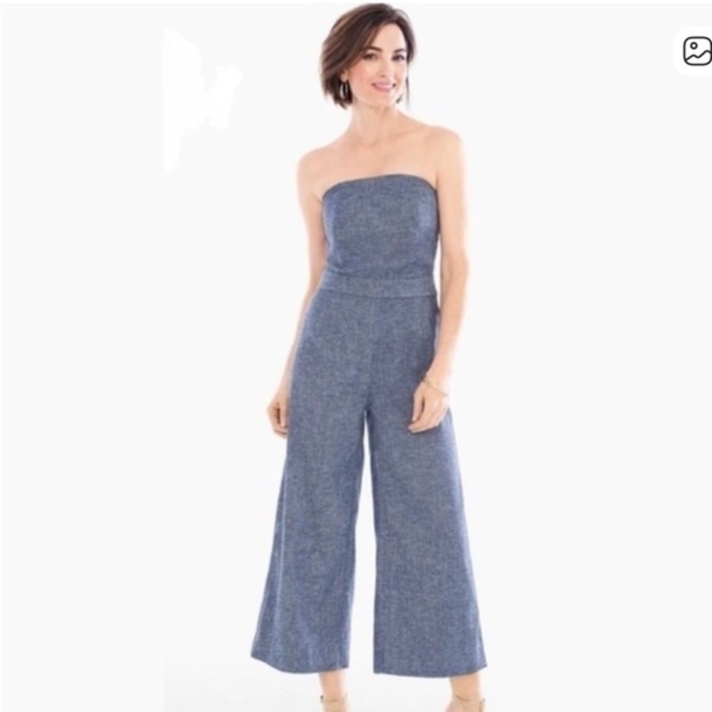 Chico’s Strapless Wide Cropped-Leg Jumpsuit in Denim Blue Size 6 Black Label